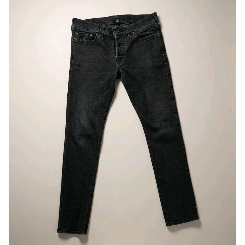 TRUE RELIGION Mens 38 Rocco Skinny Jeans Black Button Fly Leather Patch Made USA